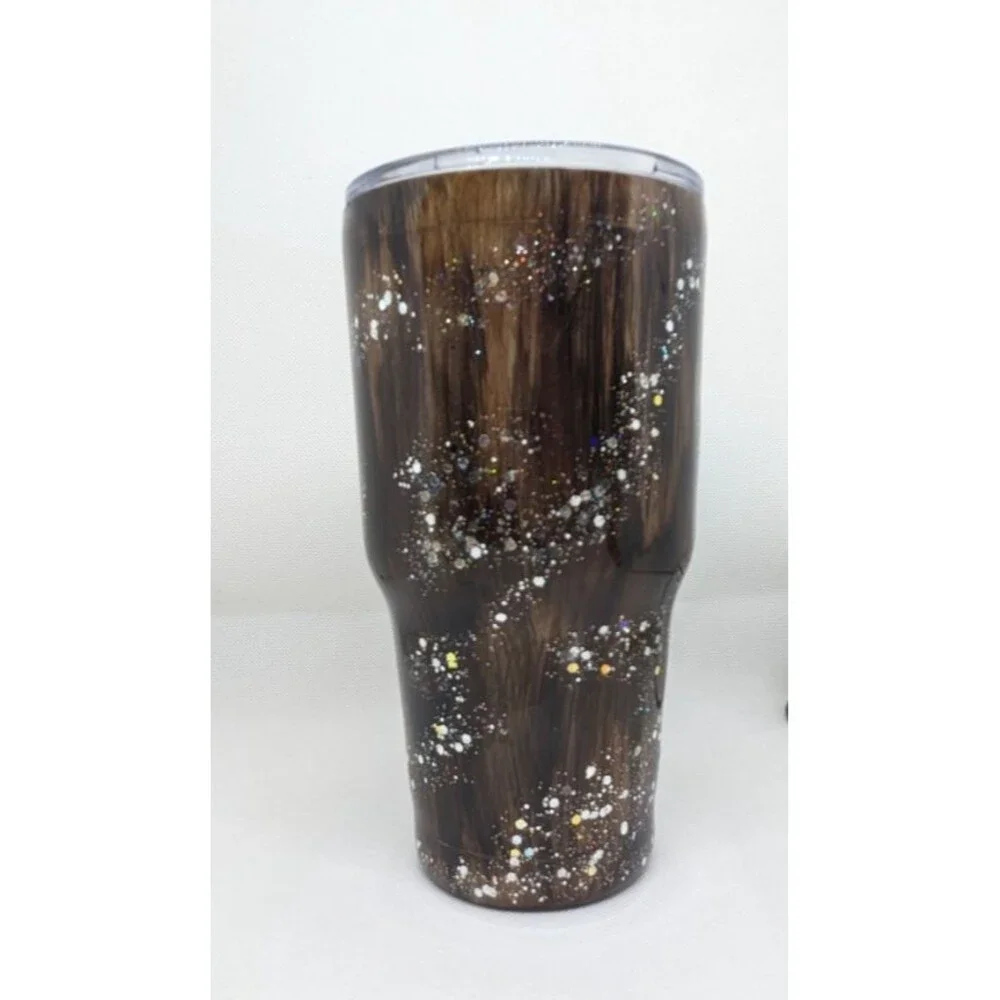 Handpainted Woodgrain Resin Tumbler - Dark Brown & Silver Glitter,  30oz, New